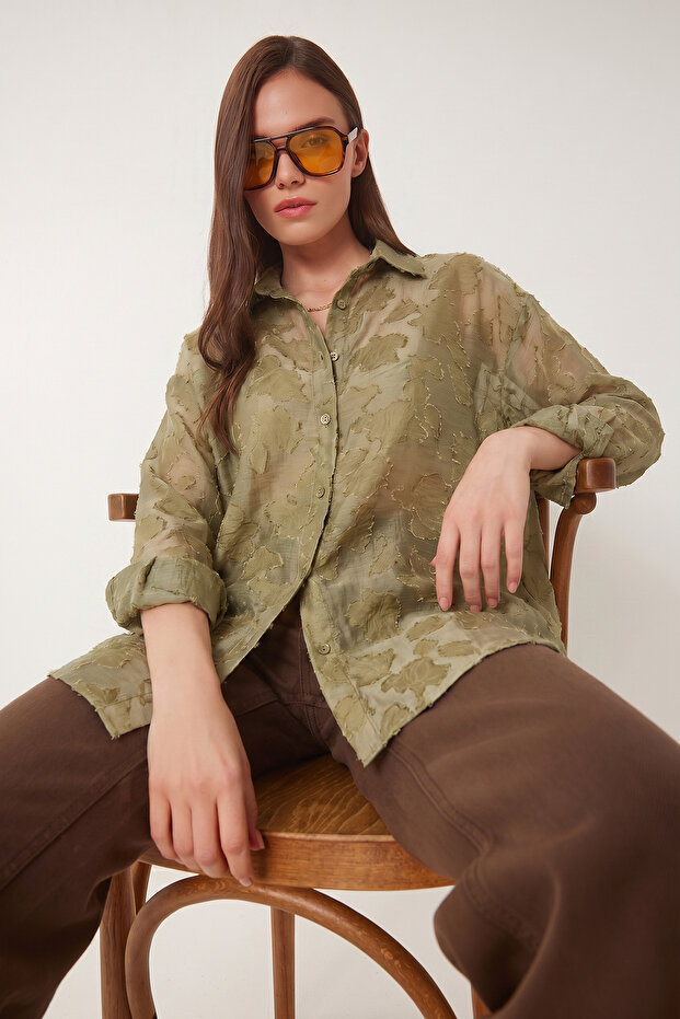 Textured Transparent Oversize Woven Shirt Lci0066 Olive Green