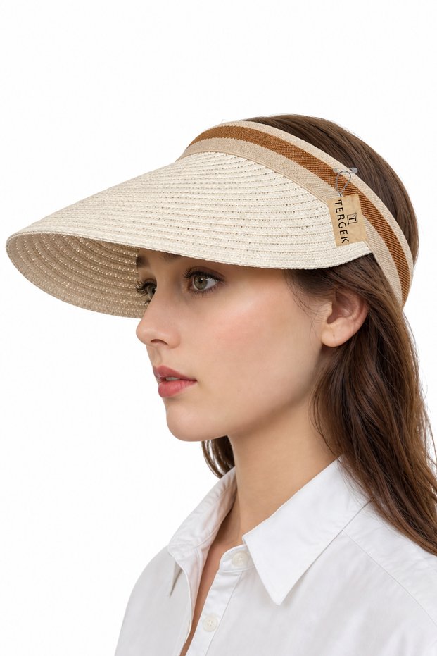 Straw Visor Hat Ecru Cream Wide Brim Open Top Sun Hat Women's Athlete Tennis Player Hijab Compatible Summer Beach Visor