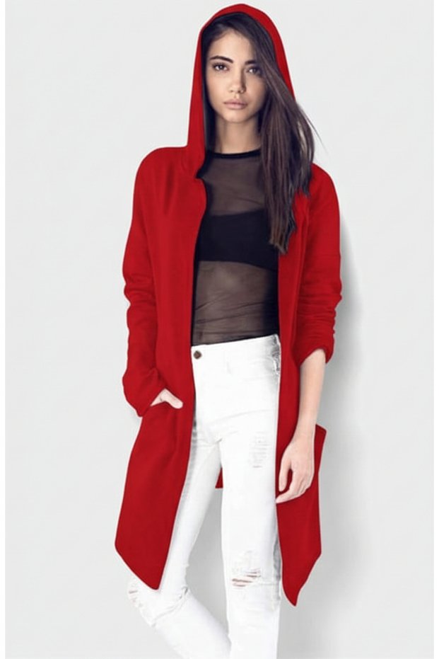 Women's Long Hooded Oversize Cardigan – Asymmetrical Cut, Pockets, Seasonal Stylish Outerwear K27 3020