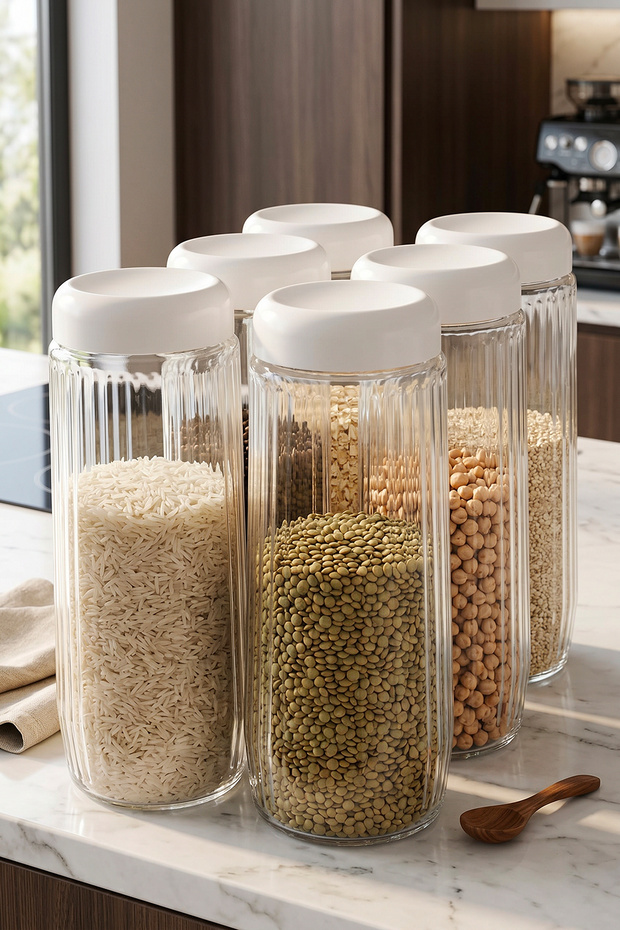 Set of 6 White Lidded Glass Storage Containers 1500 ml – Legumes/Pasta/Flour-Sugar Storage Container