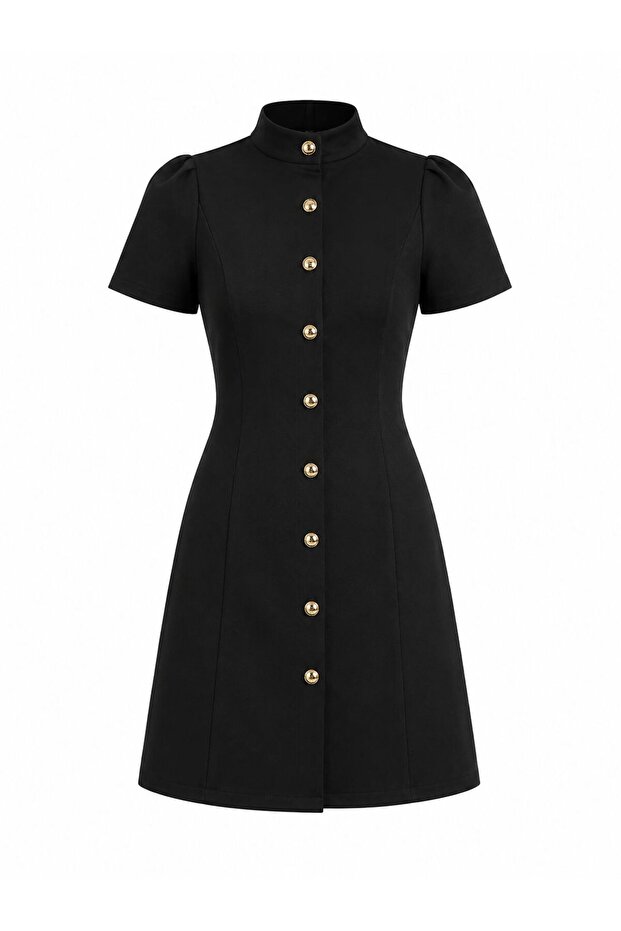 Balloon Sleeve Gold Button Short Dress