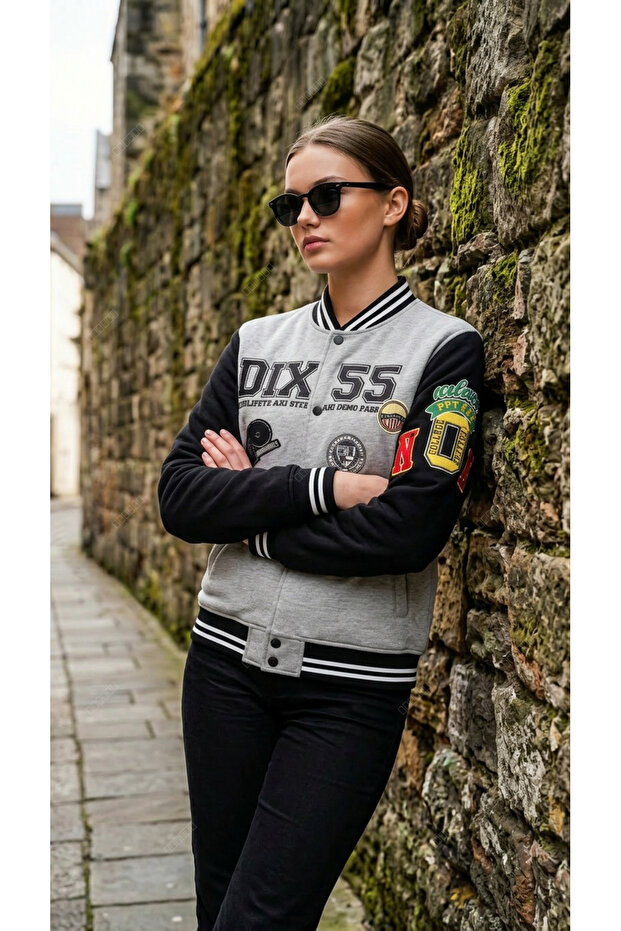 Unisex College Embroidery Detailed Oversize Varsity Jacket