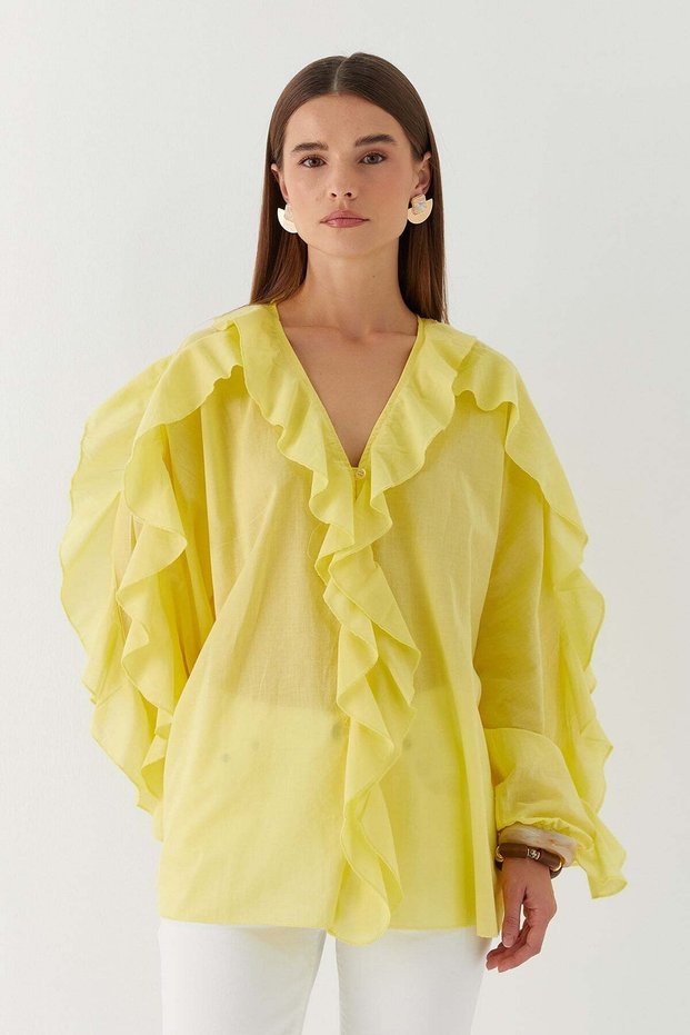 Ruffled Collar and Sleeves Shirt Yellow