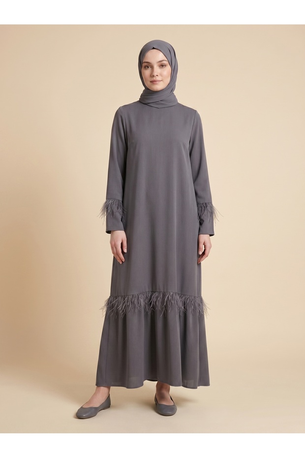 Elegant Dress with Feather Detail / Gray - E0133