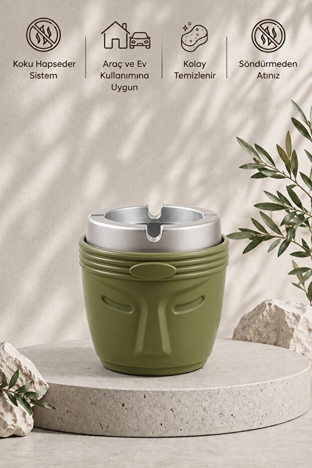 Decorative Moai Design Odorless Ashtray |   Wind Preventer |   Deep Chamber |   Plastic Ashtray |   Khaki