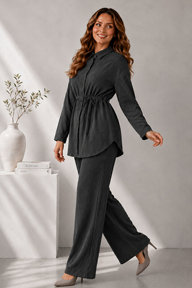 Belted Waist Wrapped Double Suit Anthracite 2193