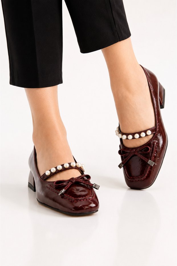 Women's Burgundy Patent Leather Pearl Detailed Bowknot K Block Heel U Shoes Vdz02009