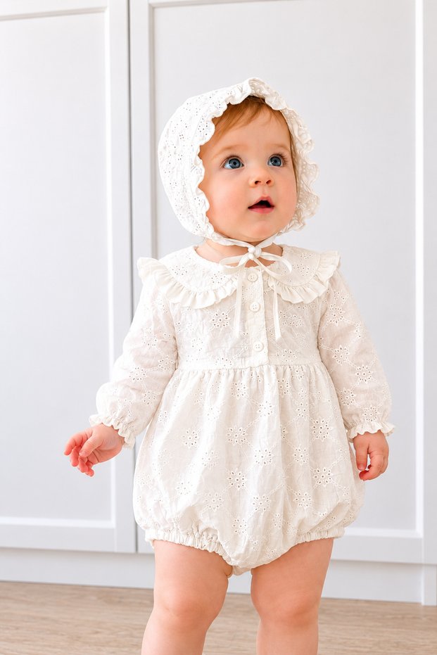 Baby Girl Long Sleeve Romper with Hat, Guipure Embroidered Snap Fastener Romper Badi Two-Piece Set