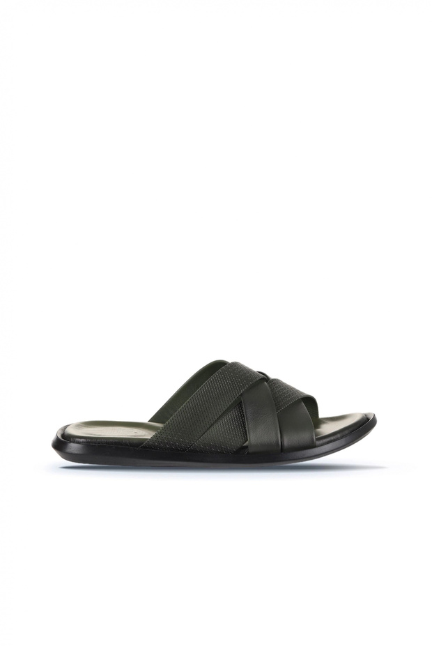 Khaki Leather Men's Flat Slippers 25Mt2233