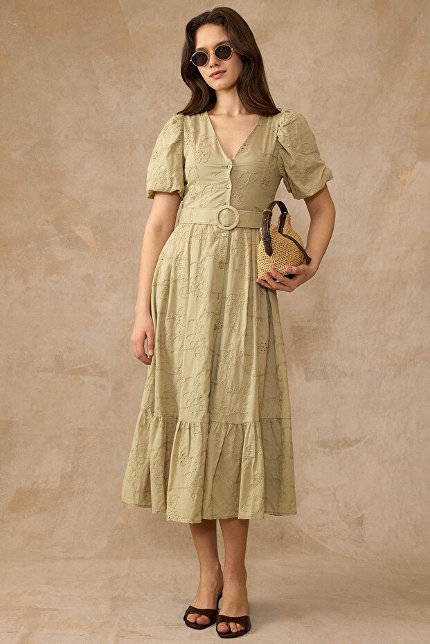 V-Neck Guipure Dress with Belt Accessory A.Haki̇ 9459-E
