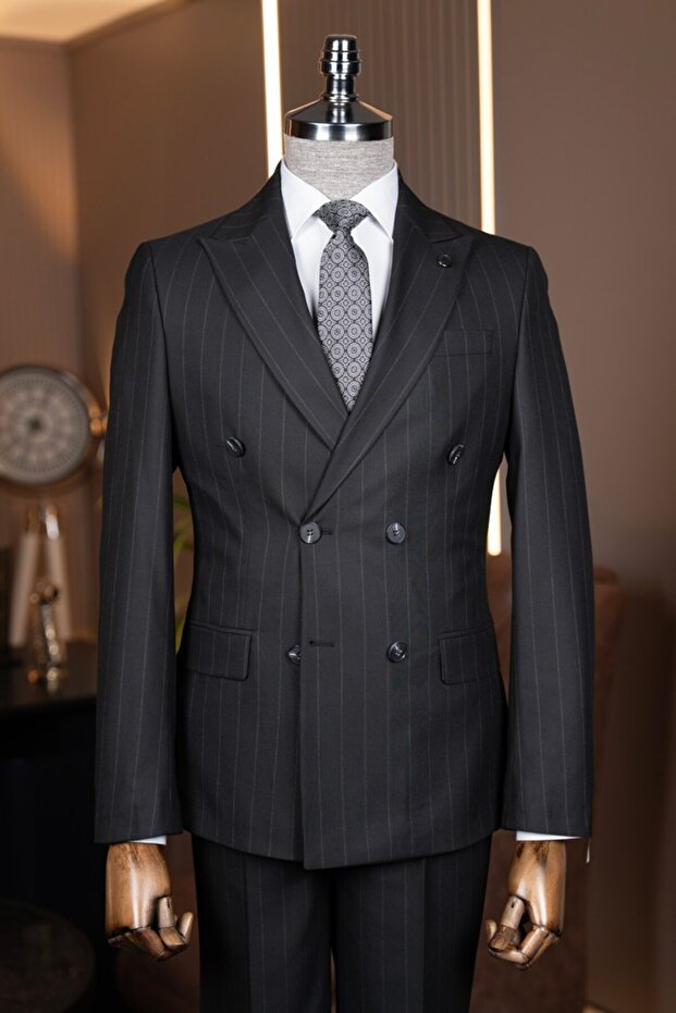 Exclusive striped double-breasted suit black