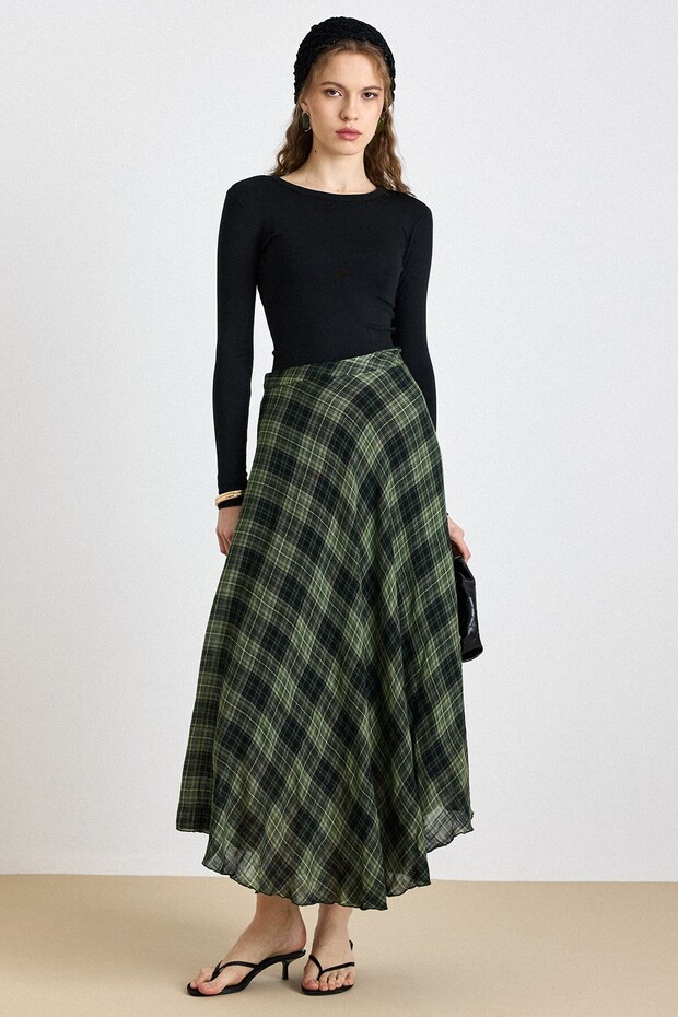 Plaid Patterned Flared Thin Fabric Skirt Green 7074