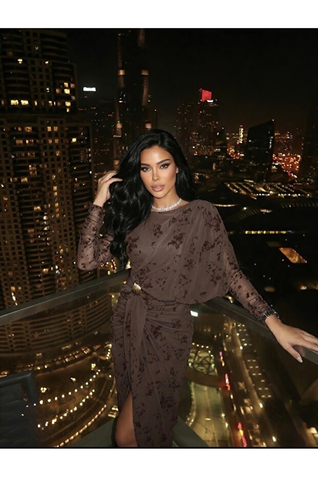 Imported Tulle Chiffon Fabric Flock Print Accessory Detailed Lined Slit-Slit Special Design Maxi Dress