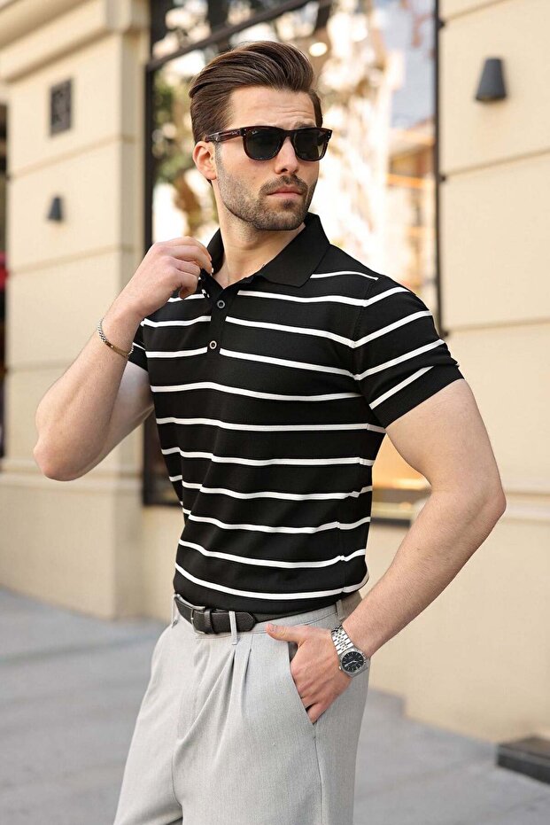 Black Striped Polo Collar Knitwear Men's T-Shirt E7405