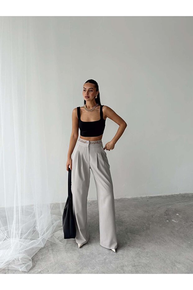 Belted Lace Detailed Palazzo Trousers - Gray