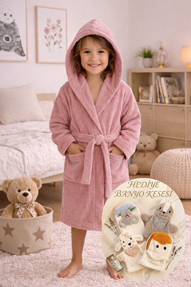 Hooded Girl's Bathrobe Soft Textured Belted Bathrobe with Pockets