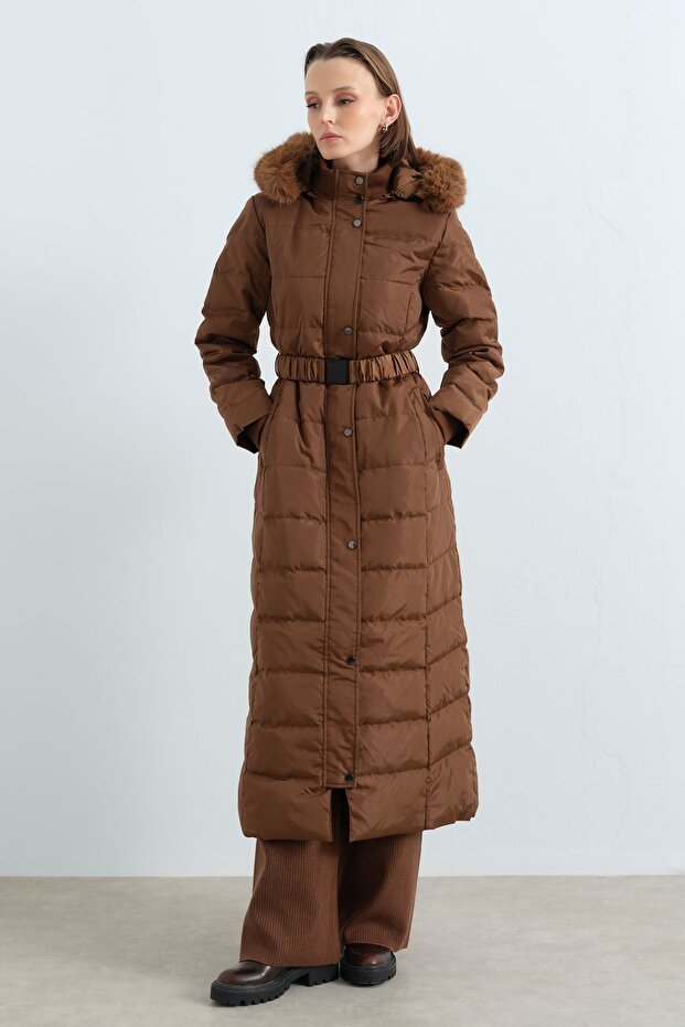 Hooded Belted Goose down Coat Brown