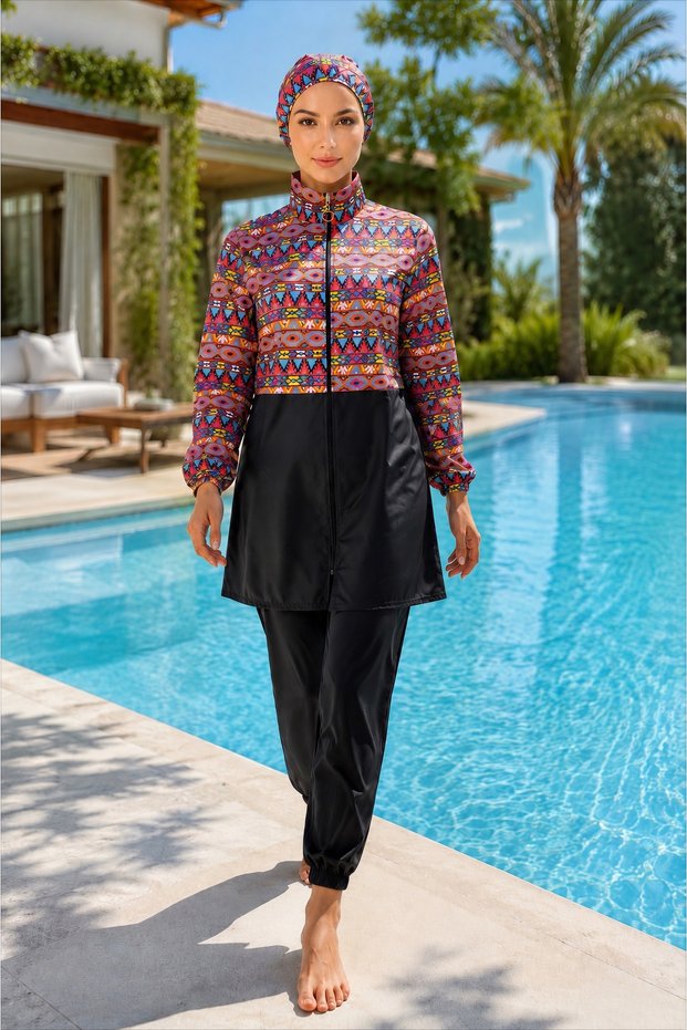 Laçin 3-Piece Hijab Swimsuit Burkini Made of Water-Repellent Fabric with Adjustable Elastic Waist
