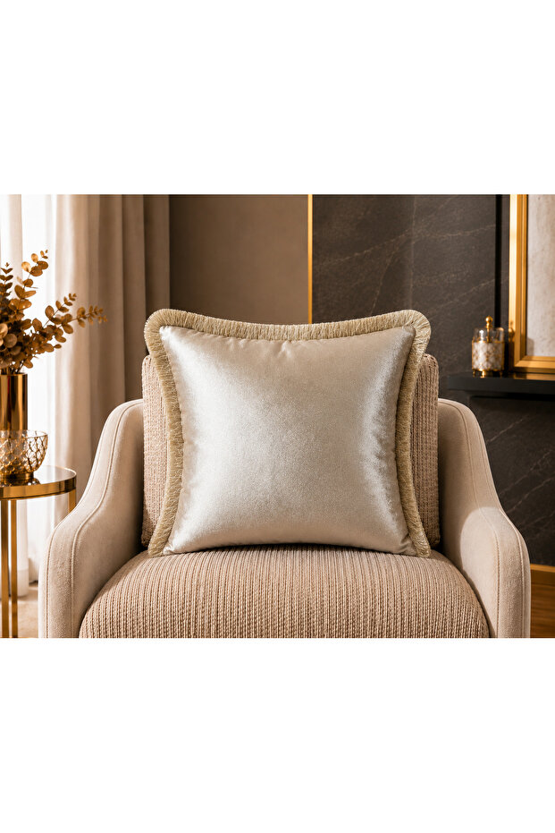 Exclusive Imported Atlas Mink Color Tasseled Throw Pillow Cover 43X43 cm
