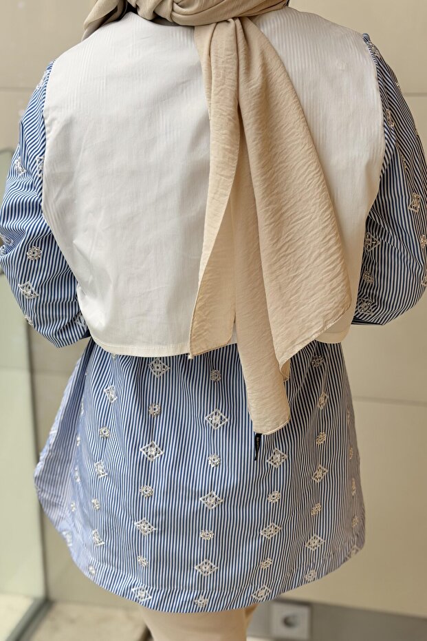 Beaded Square Patterned Striped Jacket - 4
