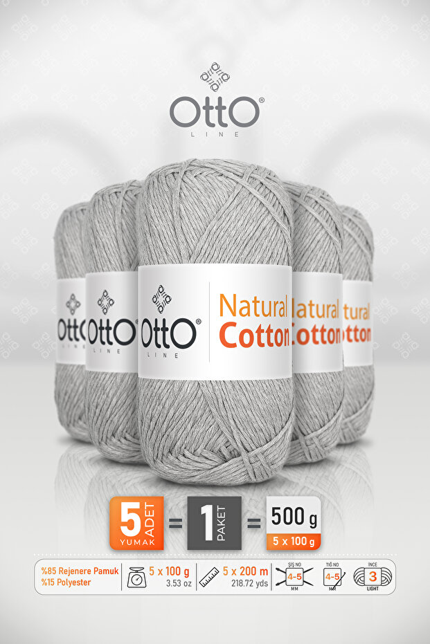 Natural Cotton • Light Gray (6012) • 5-Pack × 100 Gr / 200 m • 2 mm • Cotton Thread • Punch, Amigurumi, Macrame