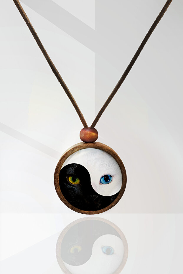 Yin Yang Cat Wooden Pendant