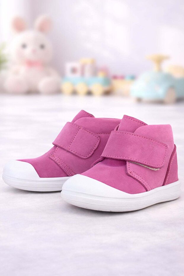 Yoohoo Genuine Leather Pink White Velcro Baby Girl Boots