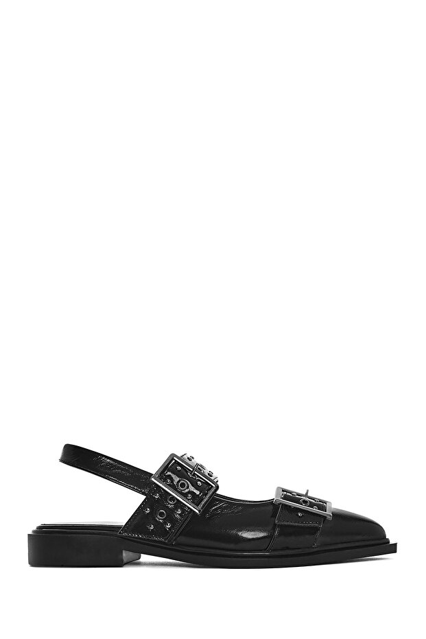Women's Black Open-Back Buckle Patent Leather Ballerinas 26Pfd140216