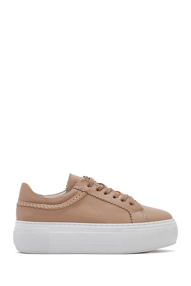 Women's Beige Lace-Up Thick-Soled Sports Shoes, Genuine Leather Sneaker 25Sfd371318