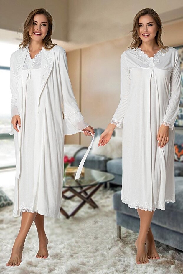 Long Sleeve Maternity Nightgown Dressing Gown Set Effort 7035-ecru
