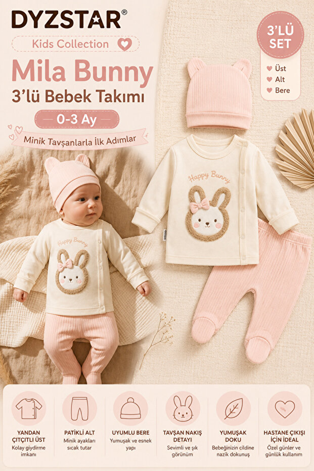Mila Bunny Embroidered 100% Cotton 3-Piece Baby Set - Bodysuit with Side Snaps, Ribbed Booties Bottom and Base Layer