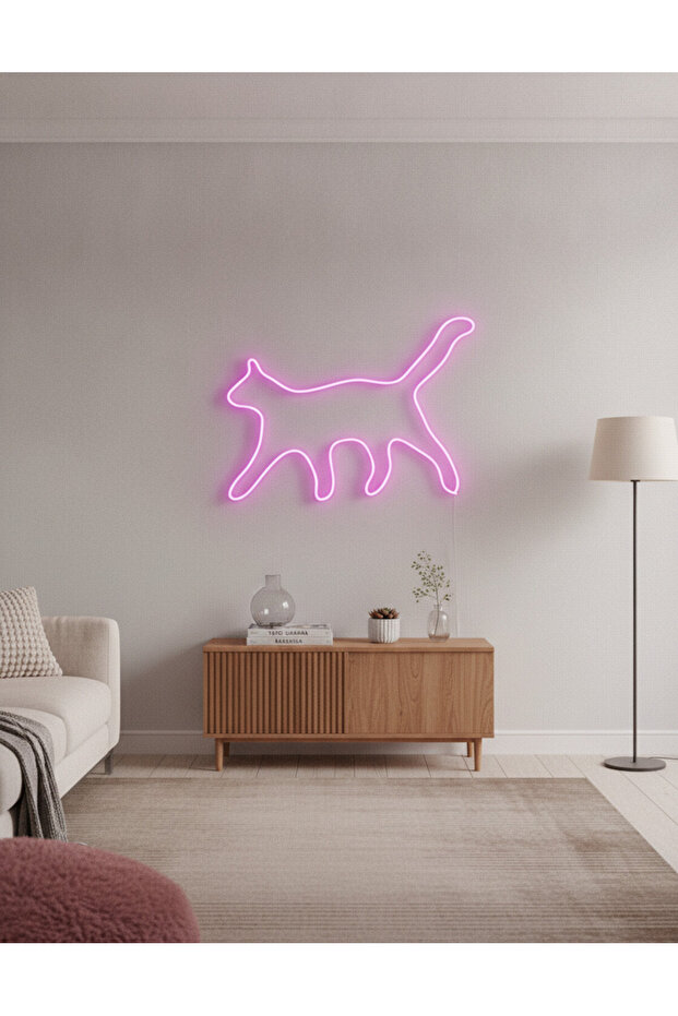 Kedi Figürlü LED Neon Duvar Tablosu | Mor Aydınlatmalı Modern Dekor | Farklı Boyut - 4