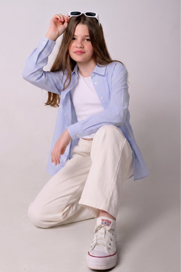Long Sleeve Blue Striped Girl's Poplin Shirt