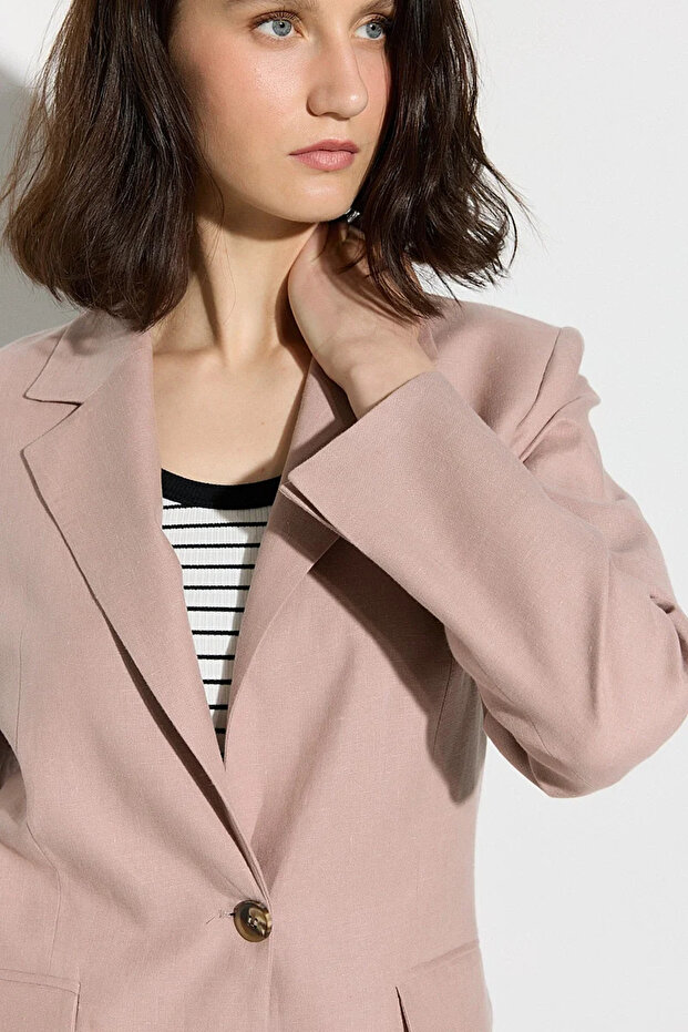 Single Button Linen Blazer Jacket - Powder - 4