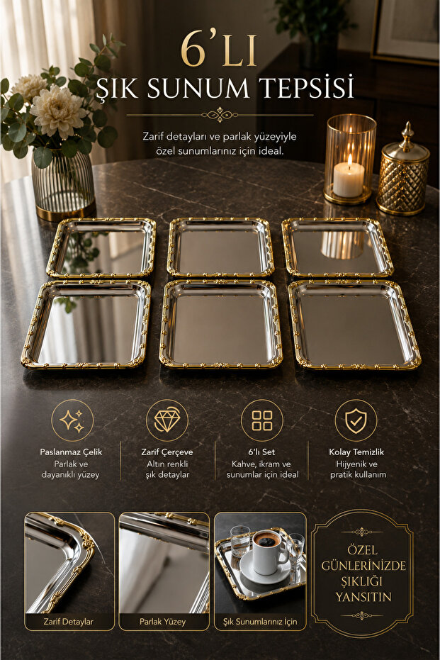 6-Piece Coffee and Tea Presentation Tray Set Decorative Presentation Tray Stylish Gold Rose Framed Engagement Dowry Promise Invitation