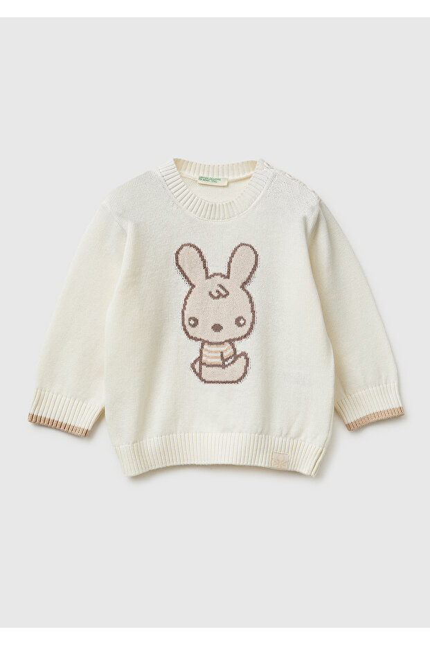 Baby white button-detailed front printed crew neck sweater