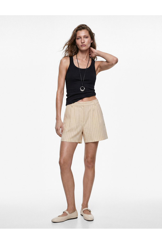 Linen Look Pleated Detailed Striped Mini Shorts with Pockets