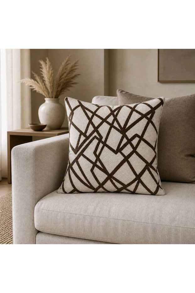 Coffee Geometric Patterned Decorative Throw Pillow Cover Modern Chenille Design