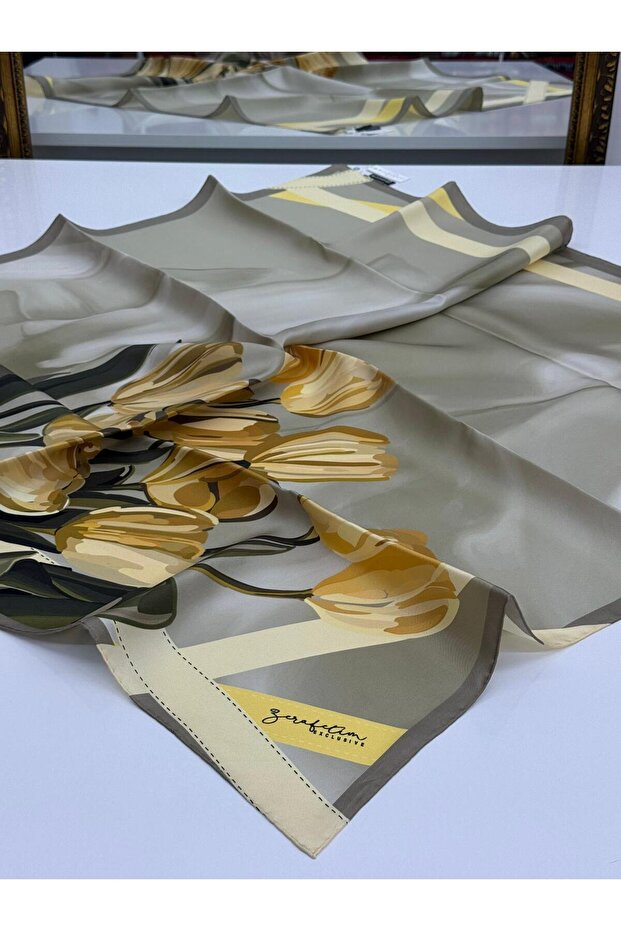 Exclusive Twill Silk Scarf Green Grey, Yellow, Mustard