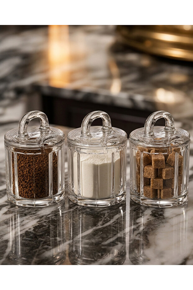 3 Pieces Spice Bowl with Spoon Compartment and Lid - Sugar Bowl - Thick Glass Jar Set - 300 Ml.