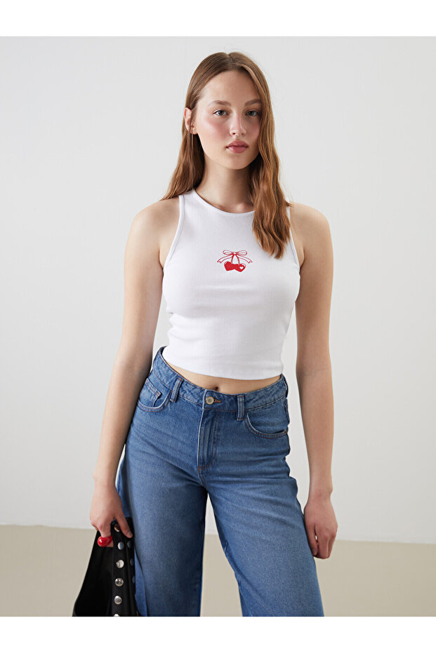 White Crew Neck Cherry Printed Women's Tank Top