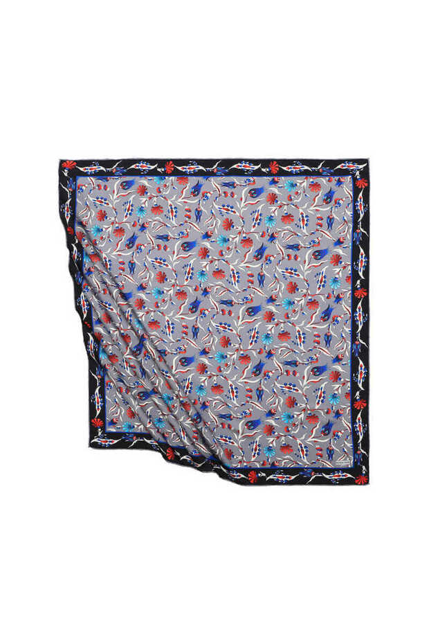 Gray Turkish Motif Carnation Tulip Pattern Silky Scarf