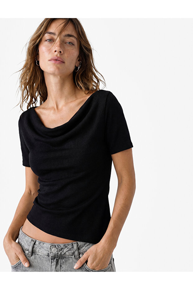 Crepe Fabric Slim Fit Short Sleeve Asymmetrical Collar T-Shirt