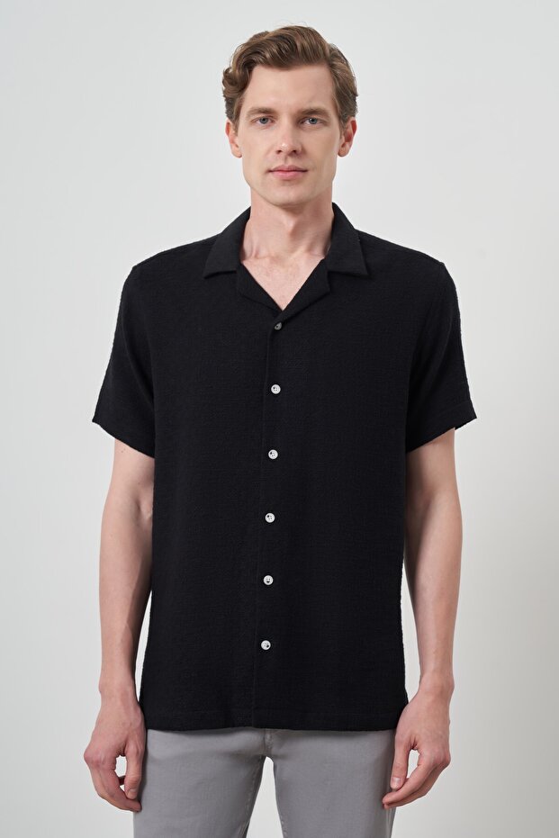 Men's Black Trend Linen Regular Fit Apaş Collar Short Sleeve Shirt