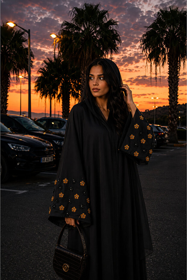 Aya 2-in-1 Buttoned Open Abaya with Hand-Embroidered Floral Design & Matching Hijab
