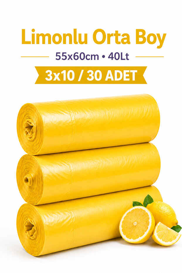 3 أكياس قمامة معطرة برائحة الليمون مقاس 55x60 متوسطة الحجم، عبوة صديقة للبيئة من 3 أكياس قمامة