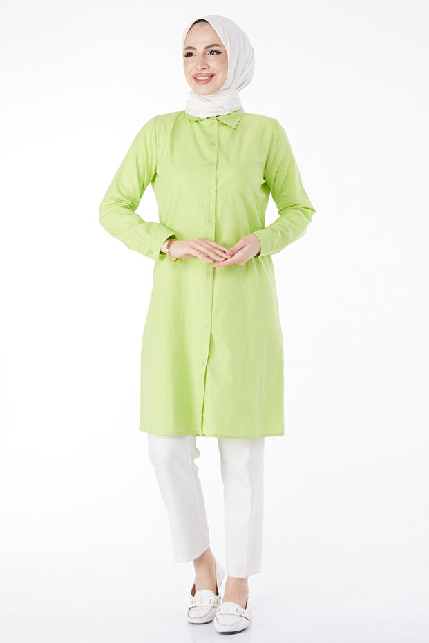 Plain Shirt Collar Women's Green Tunic - 13141