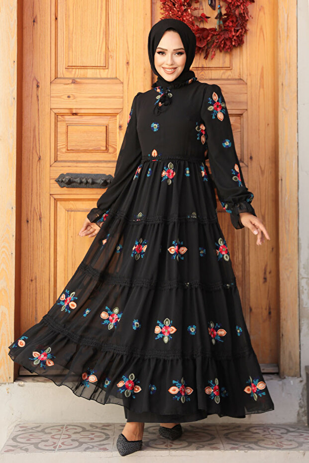 Embroidery Patterned Black Hijab Dress 45541S