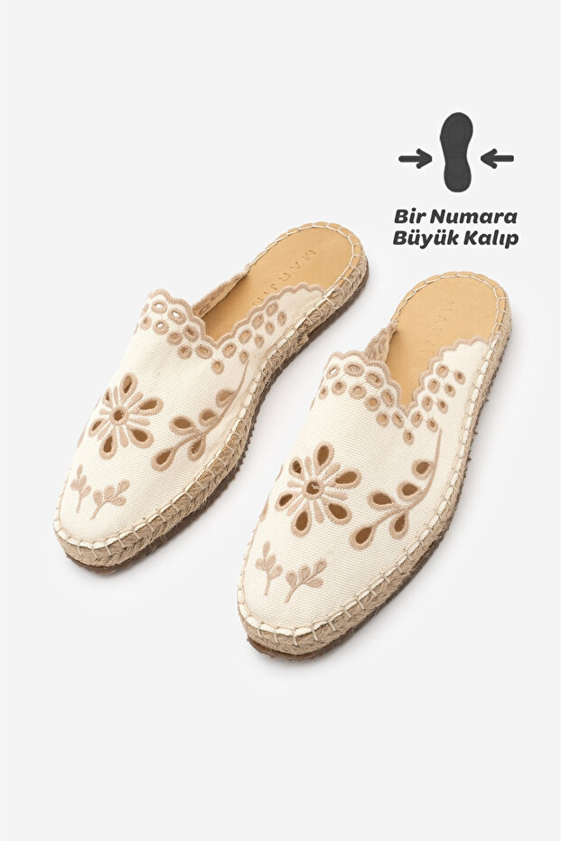 Women's Linen Embroidered Patterned Closed-Front Jute Espadrille Slippers Talune Ecru Linen