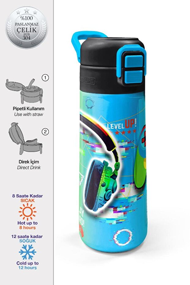 Kids Headphone Game Patterned Steel Thermos with Straw and Direct Drinking Feature 500 ml 31841